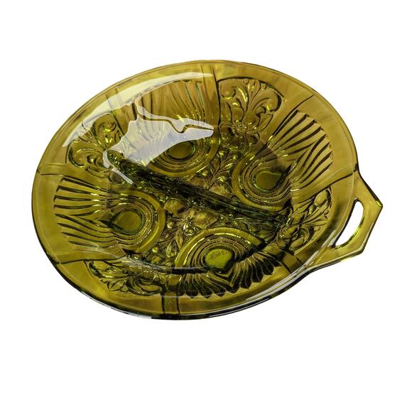 Vintage Divided Indiana Glass Side Condiment Vegetable Dish Plate Green Retro - Picture 3 of 16